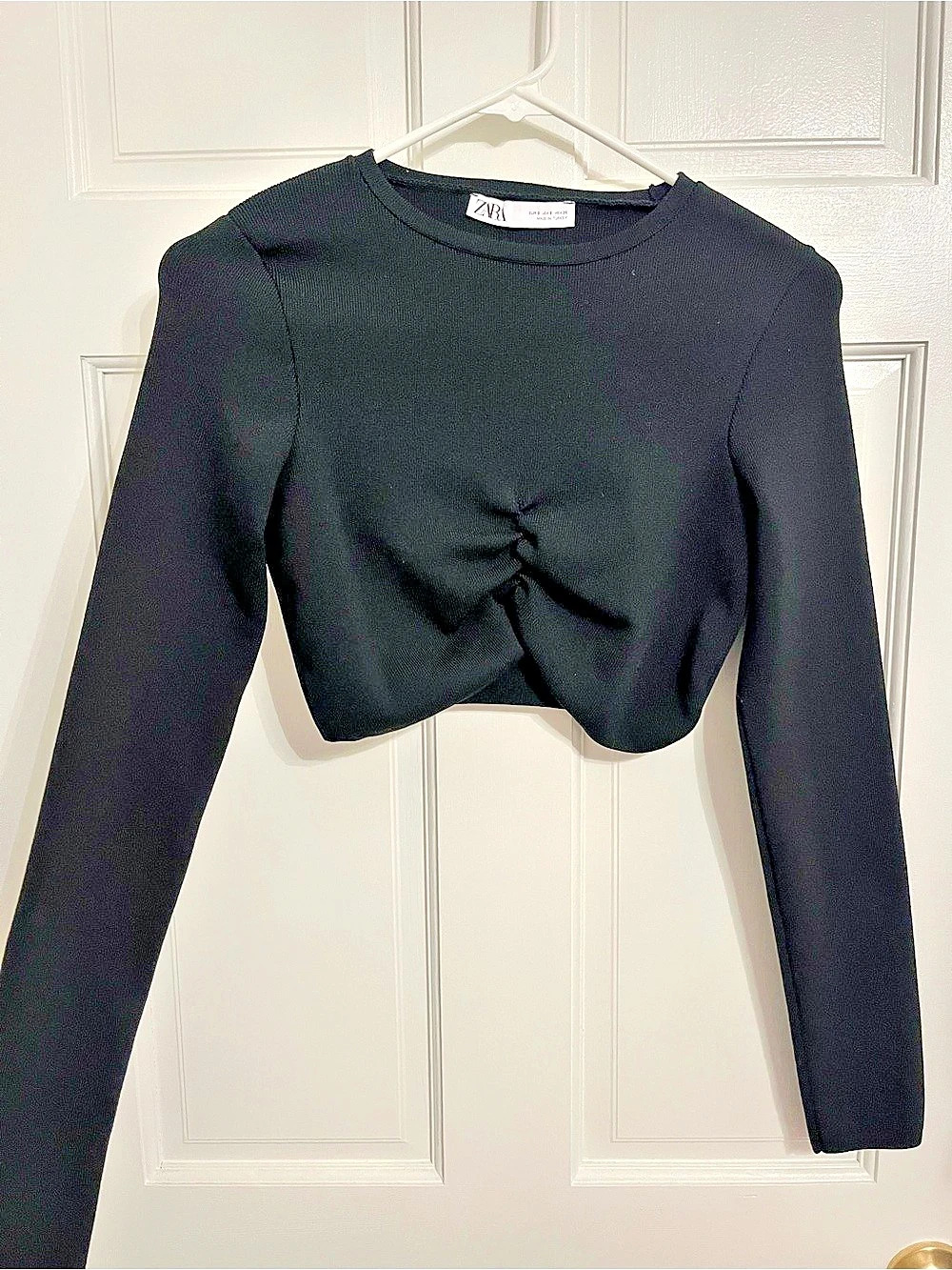 Zara Black Long Sleeve Ruched Crop Top Like New